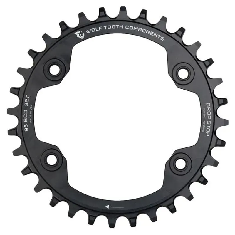 Wolf Tooth 96 Symmetrical BCD Chainring - 34t 96 BCD 4-Bolt Drop-Stop For Shimano Cranks Black