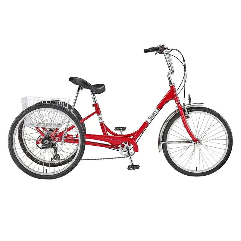 Sun Bicycles Traditional 24 7 Speed Tricycle w/White Basket in Red