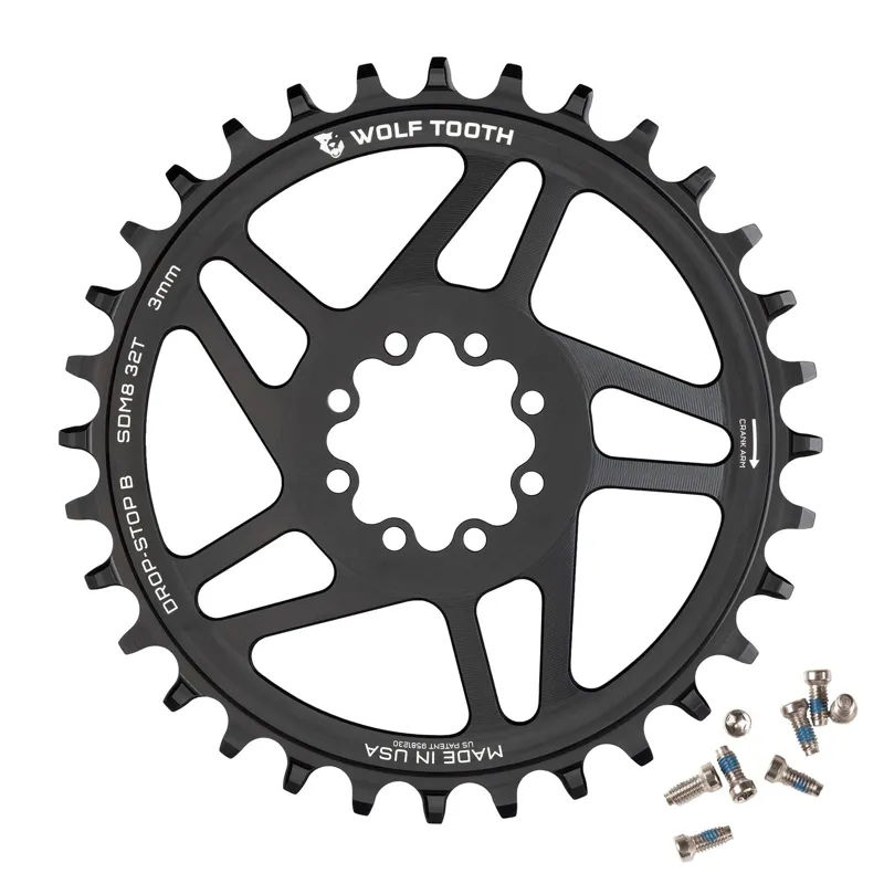 Wolf Tooth Direct Mount Chainring 28t SRAM Direct Mount Drop-Stop B for SRAM 8-Bolt Cranksets 3mm Offset in Black